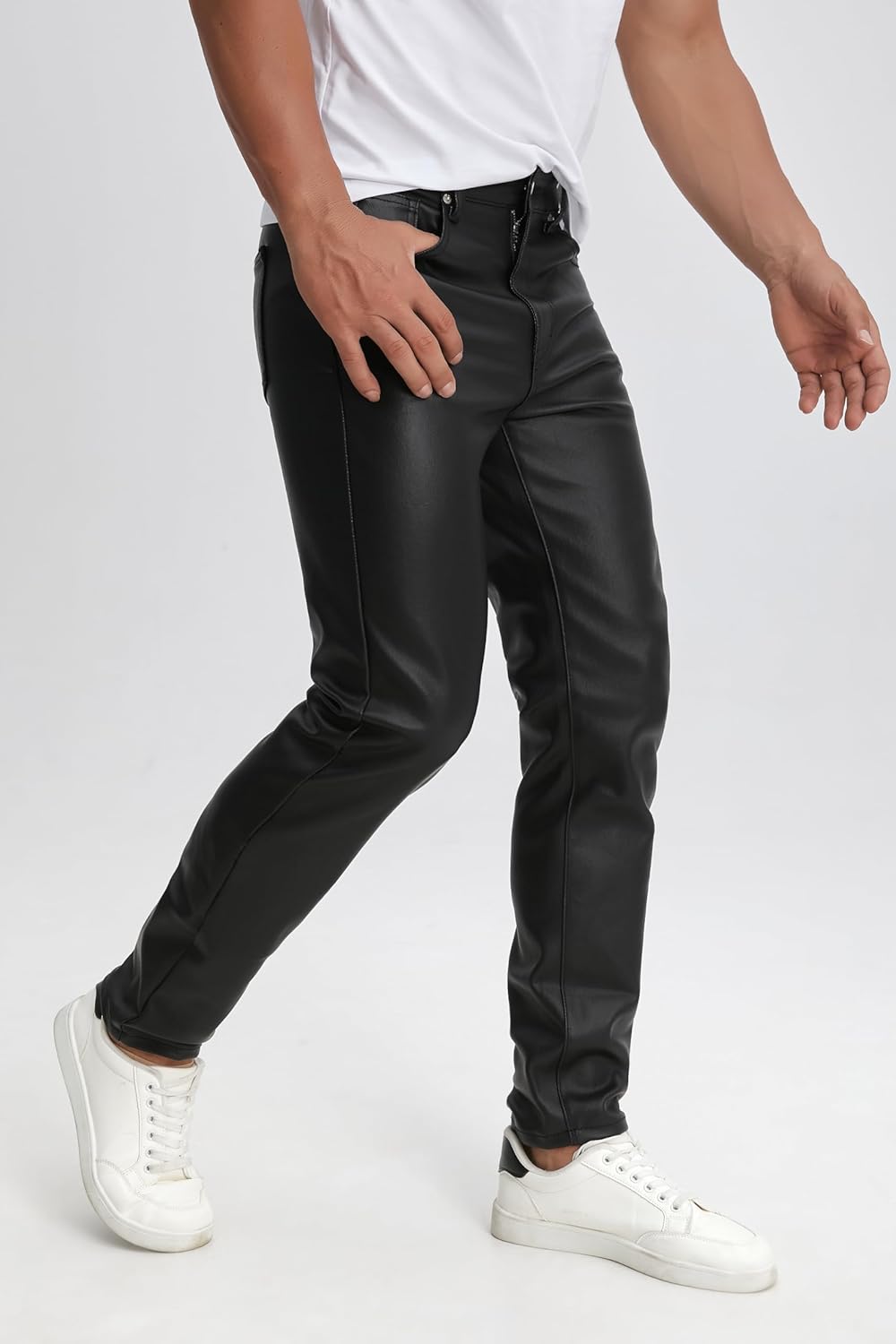 TEGIAS Mens Leather Pants Slim Fit Disco Jeans for Men Stretch - Image 2