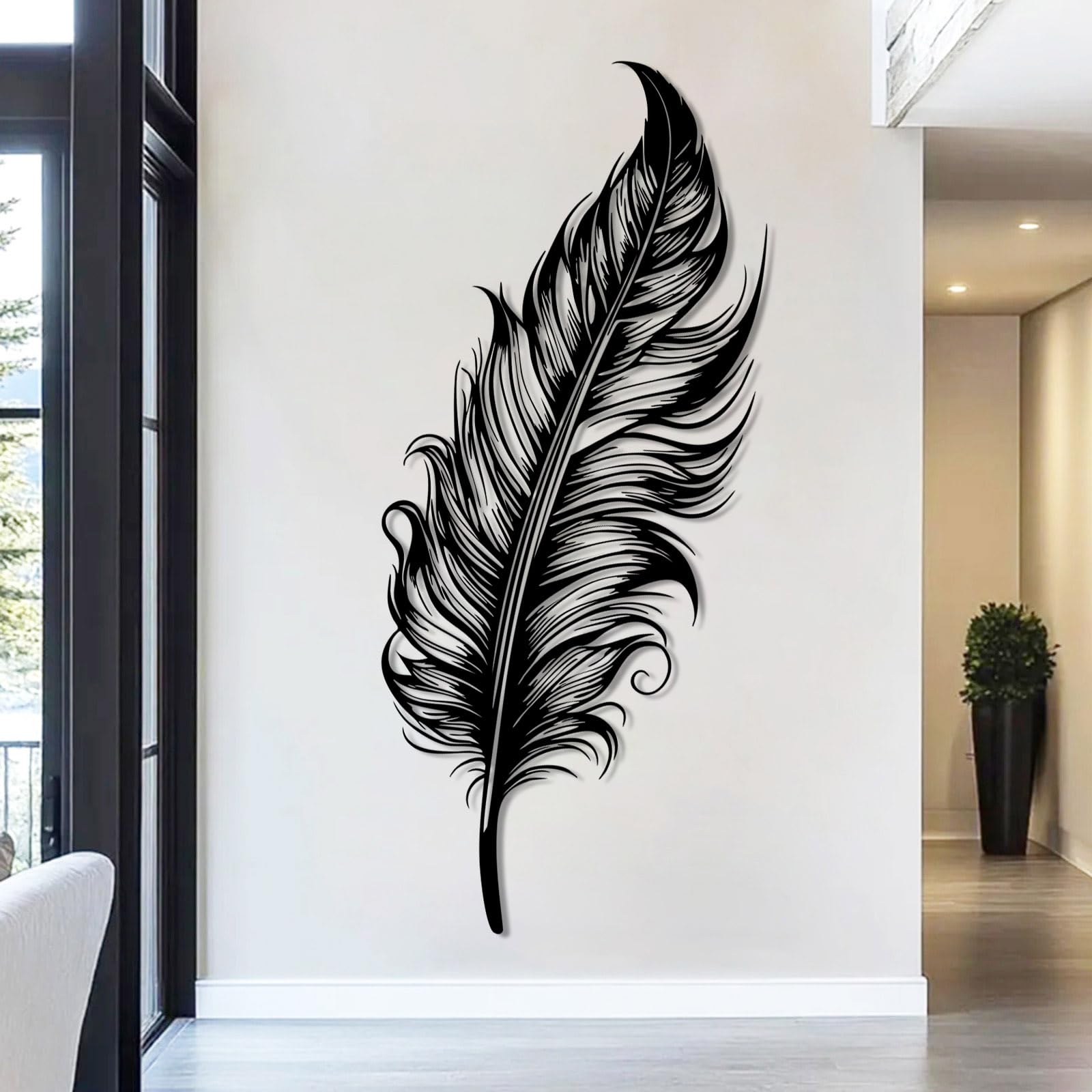 Metalowa dekoracja ścienna z piórami, duża metalowa dekoracja ścienna z piórami w stylu boho rustykalnym, czarna dekoracja ścienna do salonu, sypialni, korytarza i schodów, naturalny wy