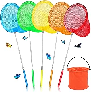 DWTECH 5 Pack Kids Telescopic Butterfly Net Fishing Net Pond Net Extendable (14.5 to 33.8 Inches)+1 Pack Folding Bucketfor Kids Catching Bugs Insect Small Fish Outdoor Beach Garden Activities
