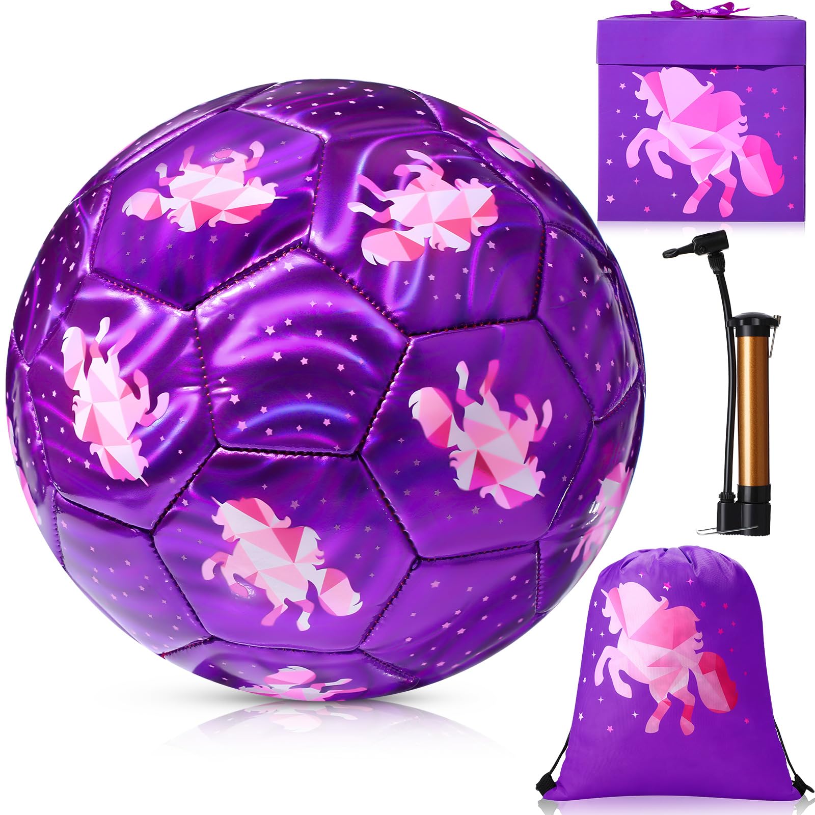 WinnerWhy 4 Pcs Size 3 Unicorn Soccer Ball Purple Pink Soccer Ball Gifts Set with Pump Drawstring Bag Colorful Box for Gift Backyard Lawn Sand Sport Outdoor Indoor