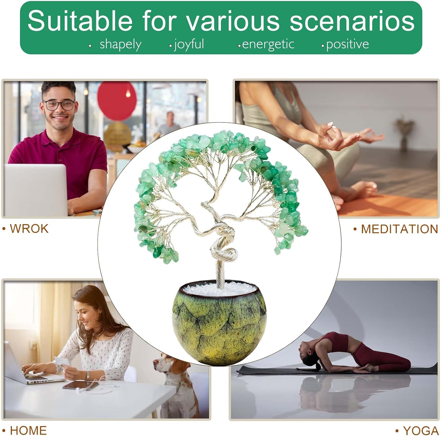 Runyangshi Green Aventurine Crystal Tree of Life - 7in Chakra Crystal Money Tree with 297 Natural Healing Crystal Gemstone for Feng Shui, Luck, Balancing Energy Home Decor & Spiritual Gift