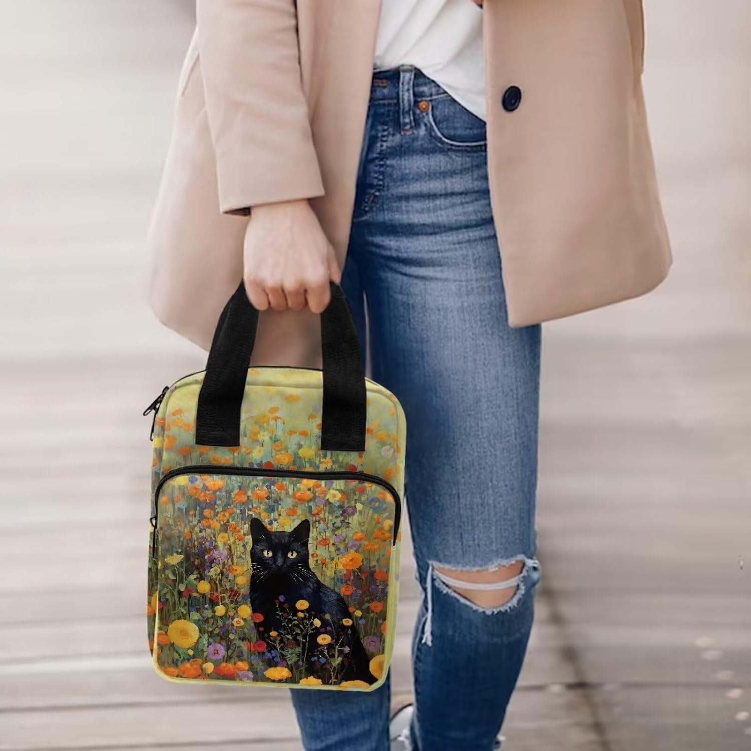 Xoenoiee Black Cat Vintage Floral Pattern Bible Cover Bible Case Tote Bible Bag with Bookmark Bible Case for Women Men Bible Carrying Case Bible Tote Bag