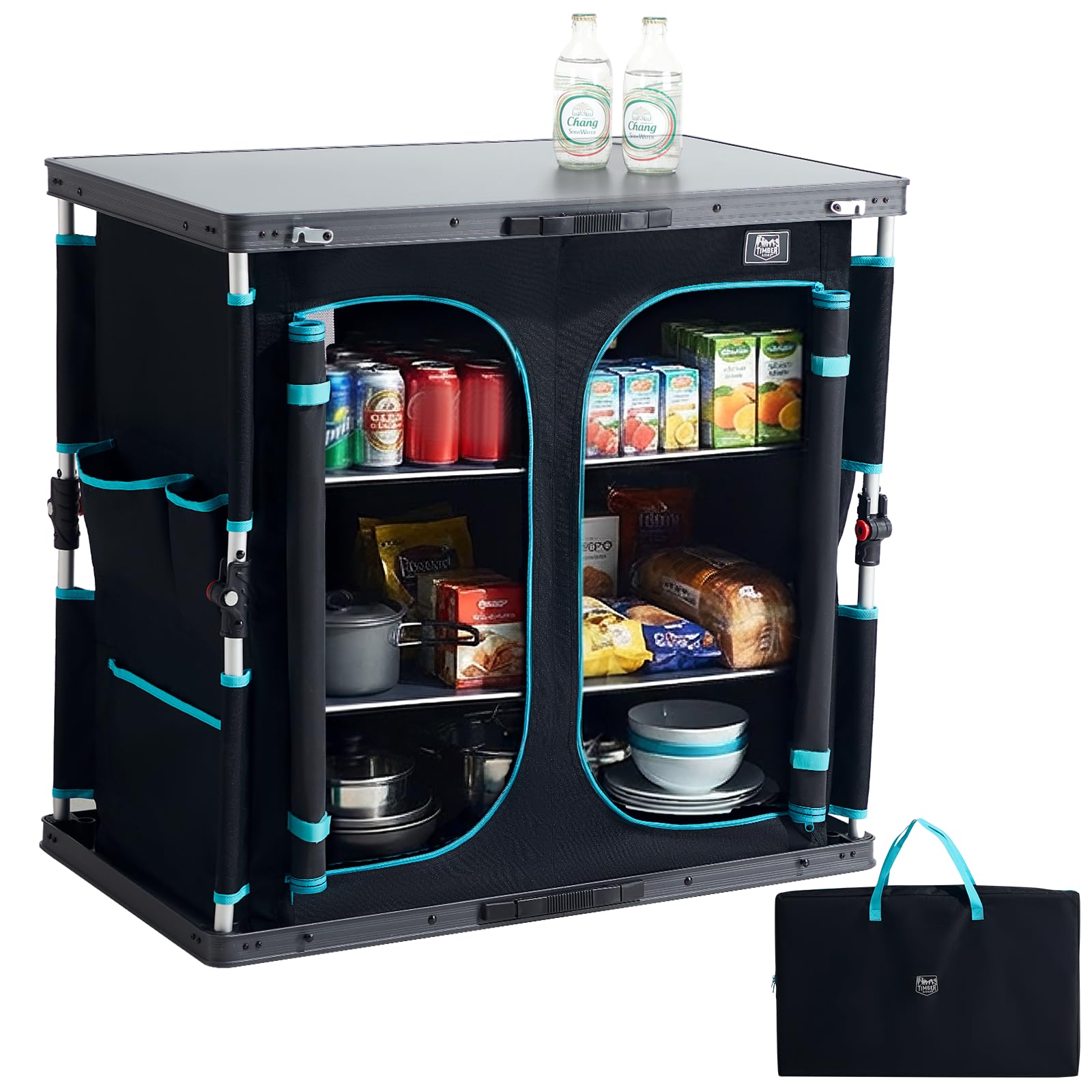 TIMBER RIDGE Campingküche Campingschrank Faltbar Aluminiumgestell Camping Regal Klappbar Outdoor Faltschrank All-in-one Küchenbox mit Tragetasche