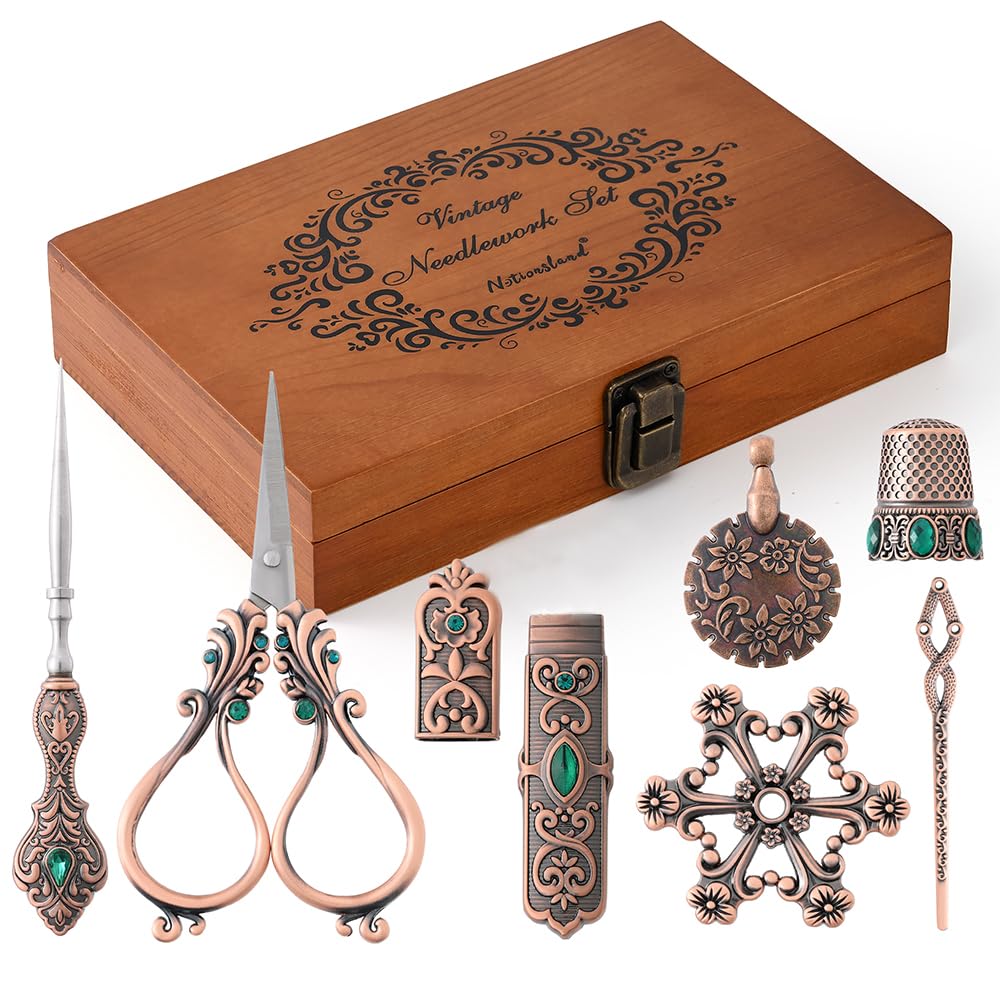 NOTIONSLAND Embroidery Scissor Set, Vintage Supplies, Needle Case, Sewing Awl, Thimble, Floss Board for Needlework, Copper