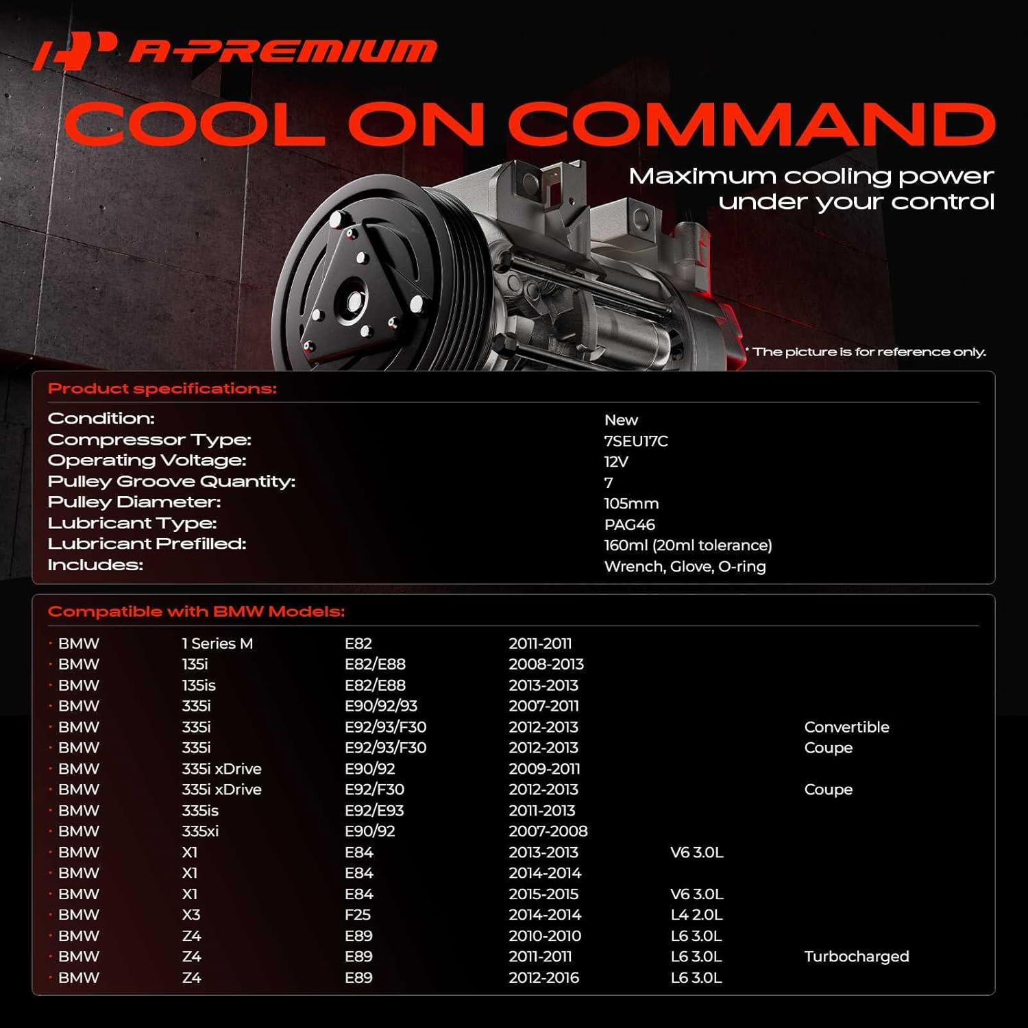 A-Premium Air Conditioner AC Compressor with Clutch Compatible with BMW 3 Series (335i, 335is, 335i xDrive, 335xi, 135i, 135is), X1, X3, Z4, 1 Series M, 2.0L 3.0L