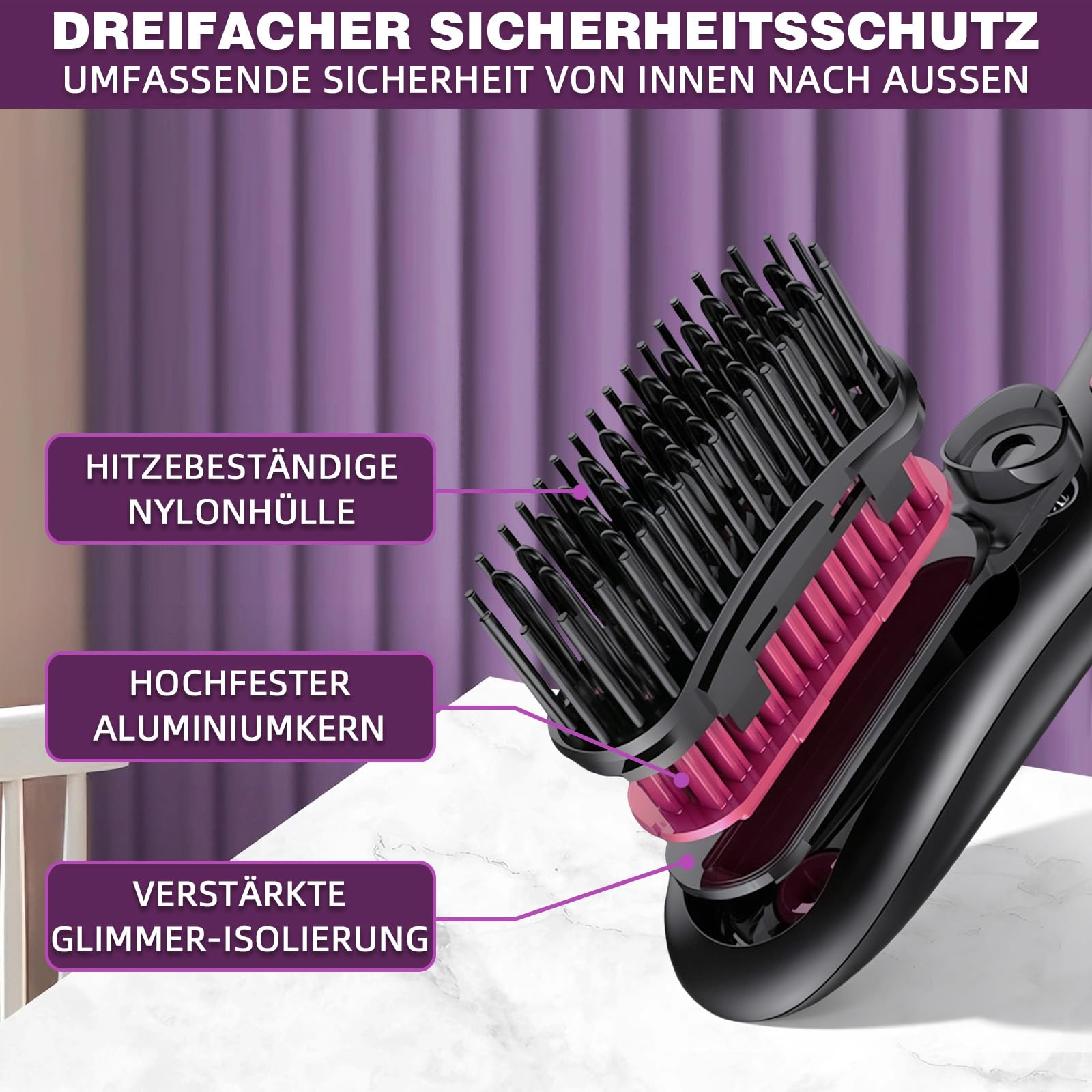 Glättbürste, Warmluftbürste für kurze Haare, Stylingbürste für kurze Haare | kabellos mit Pflegespray, gegen Haarknoten, glättet, 25s Keramikheizung, 3 Stufen, reisefreundlich, haarschonend.