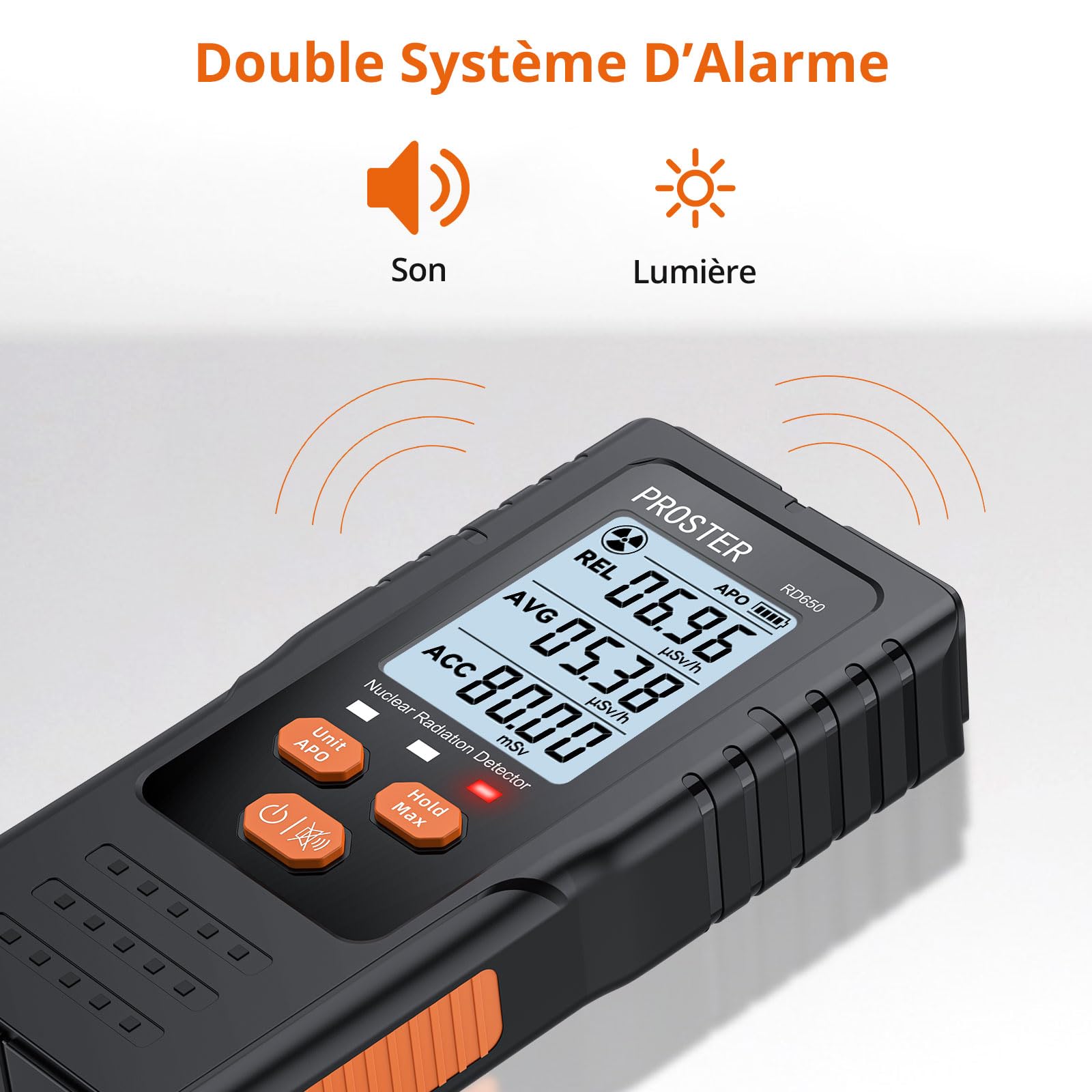 Proster Compteur Geiger Portable – Détecteur de rayons X, Gamma, Bêta avec Alarmes Sonore/Lumineuse, Écran Couleur HD 2.4", Dosimètre 0.00~9999µSv/h pour Maison, Laboratoire, Tests Environnementaux
