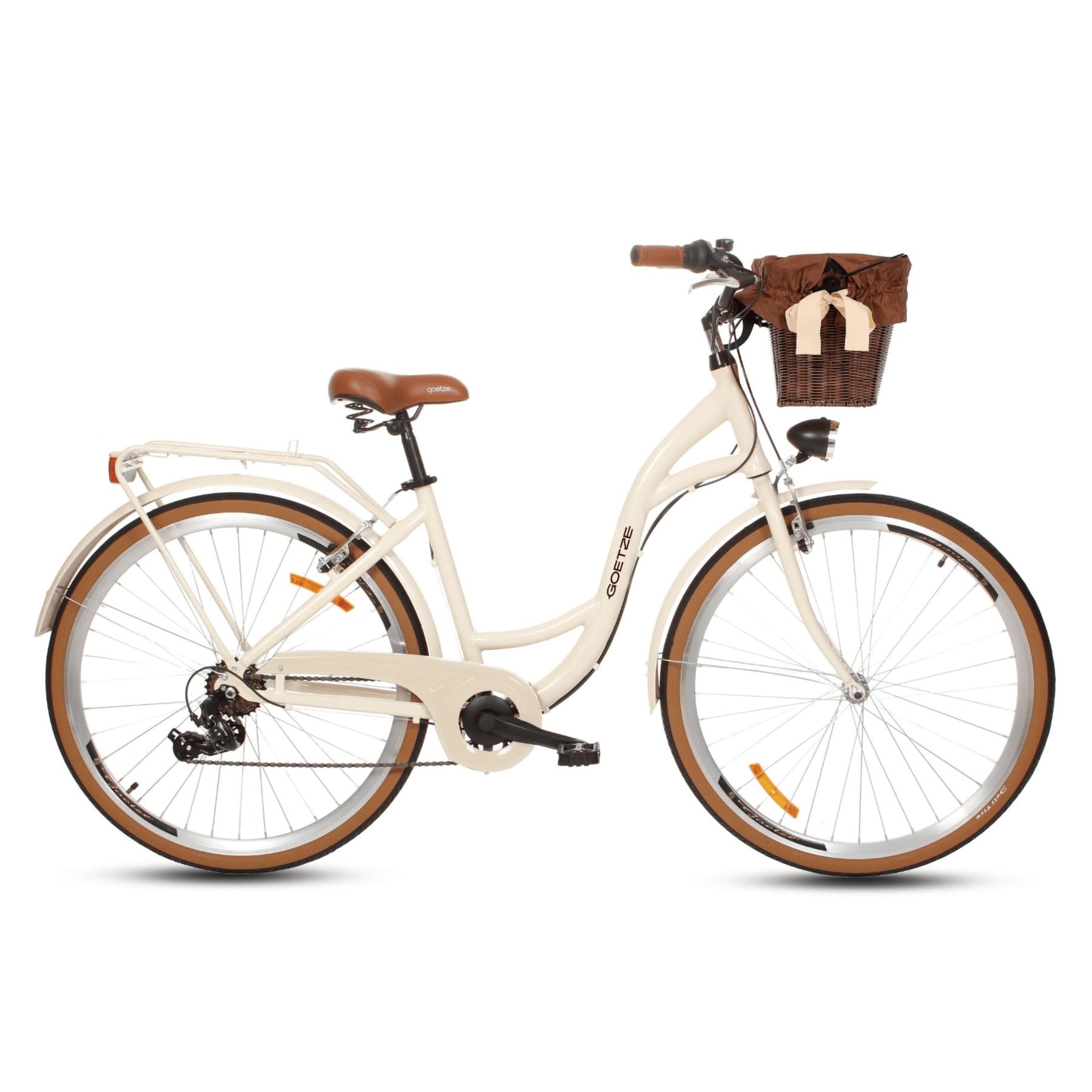 Goetze Mood 28 Zoll Damen Citybike, Aluminium Tiefeinsteiger 18 Zoll, Shimano Tourney 7-Gang Schaltung, LED-Beleuchtung, Rattankorb, Gepäckträger, Komfortsattel