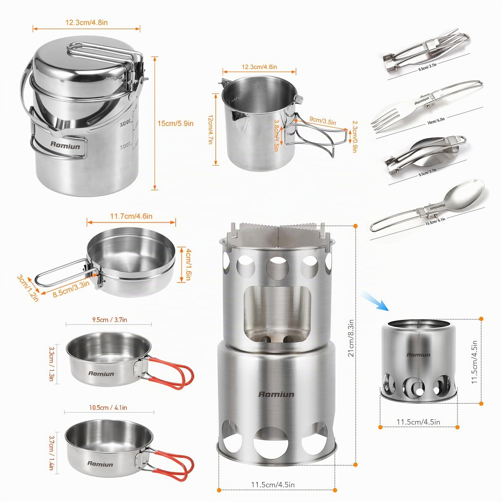 Juego de Utensilios de Cocina para Acampar, Olla y Sartén de 1L con Estufa de Leña Plegable, Cuencos para Cocinar para Hervir Sopa y Freír
