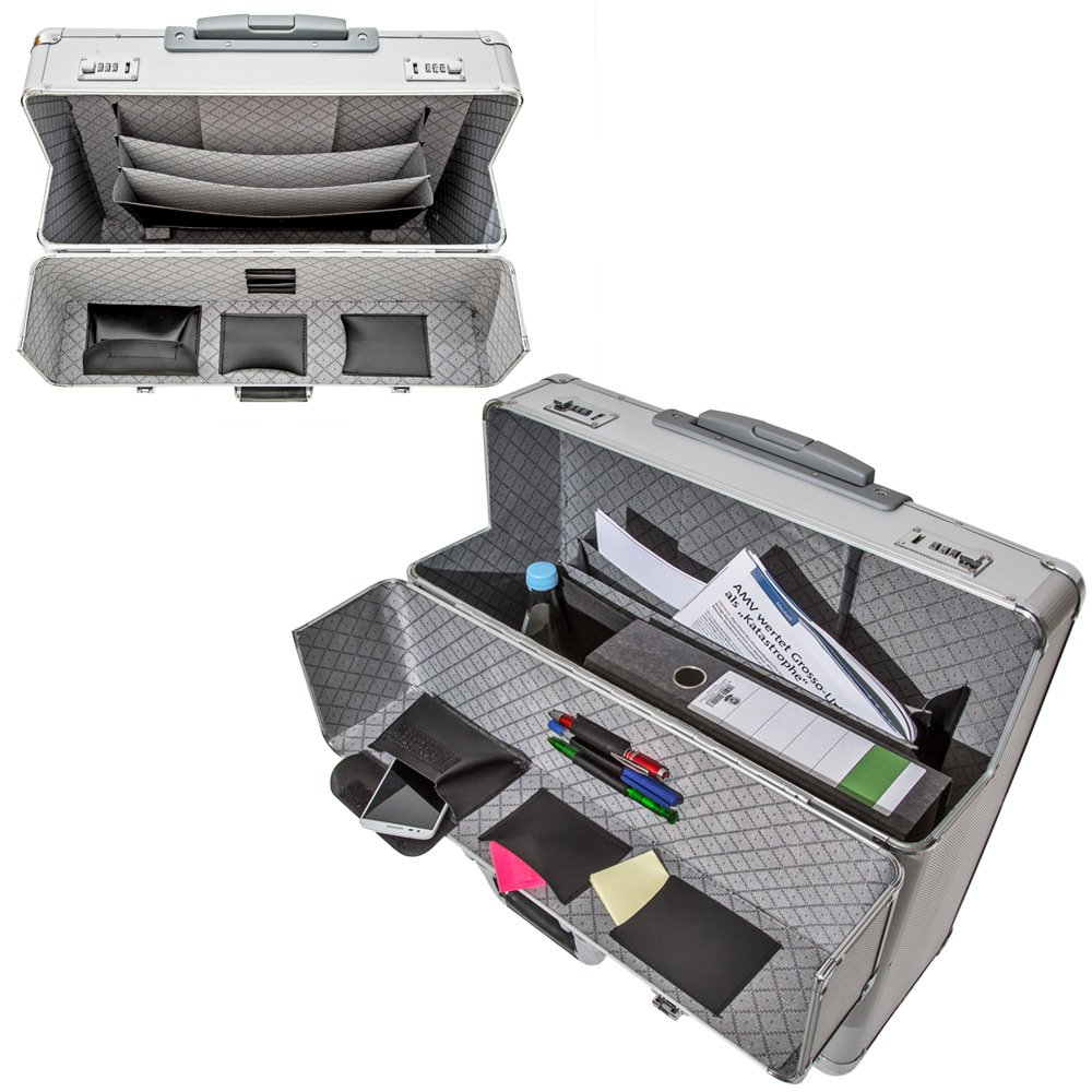 tectake 401232 XL Pilotenkoffer, Zwei Zahlenkombinationsschlösser, mit Rollen, Totalmaße 55x49x22cm, Silber