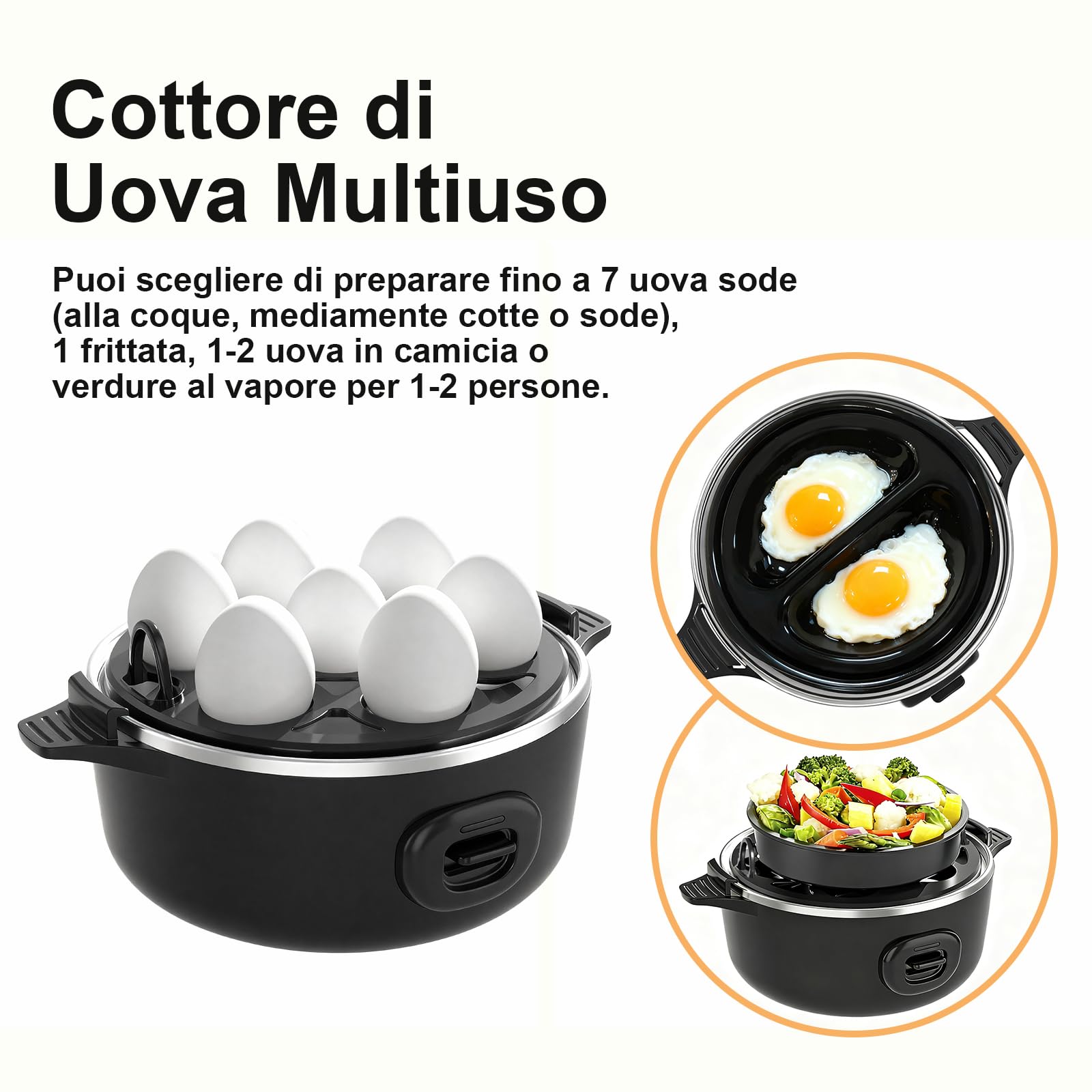YASHE Cuociuova elettrico per 7 uova sode, medie e alla coque, in camicia, per frittate con vassoio e ciotola per uova senza BPA, spegnimento automatico, cicalino musicale, nero