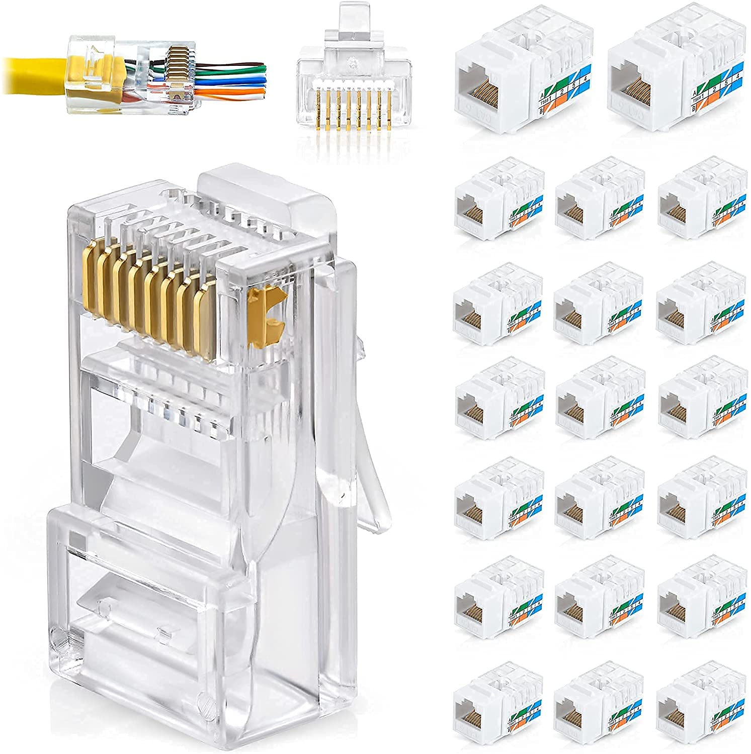 DKURVE® Bundle – 2 Items: RJ45 Cat6 Pass Through Connectors, Pack of 100 + RJ45 Cat6 / 5e Keystone Jacks, 20 Pack - White
