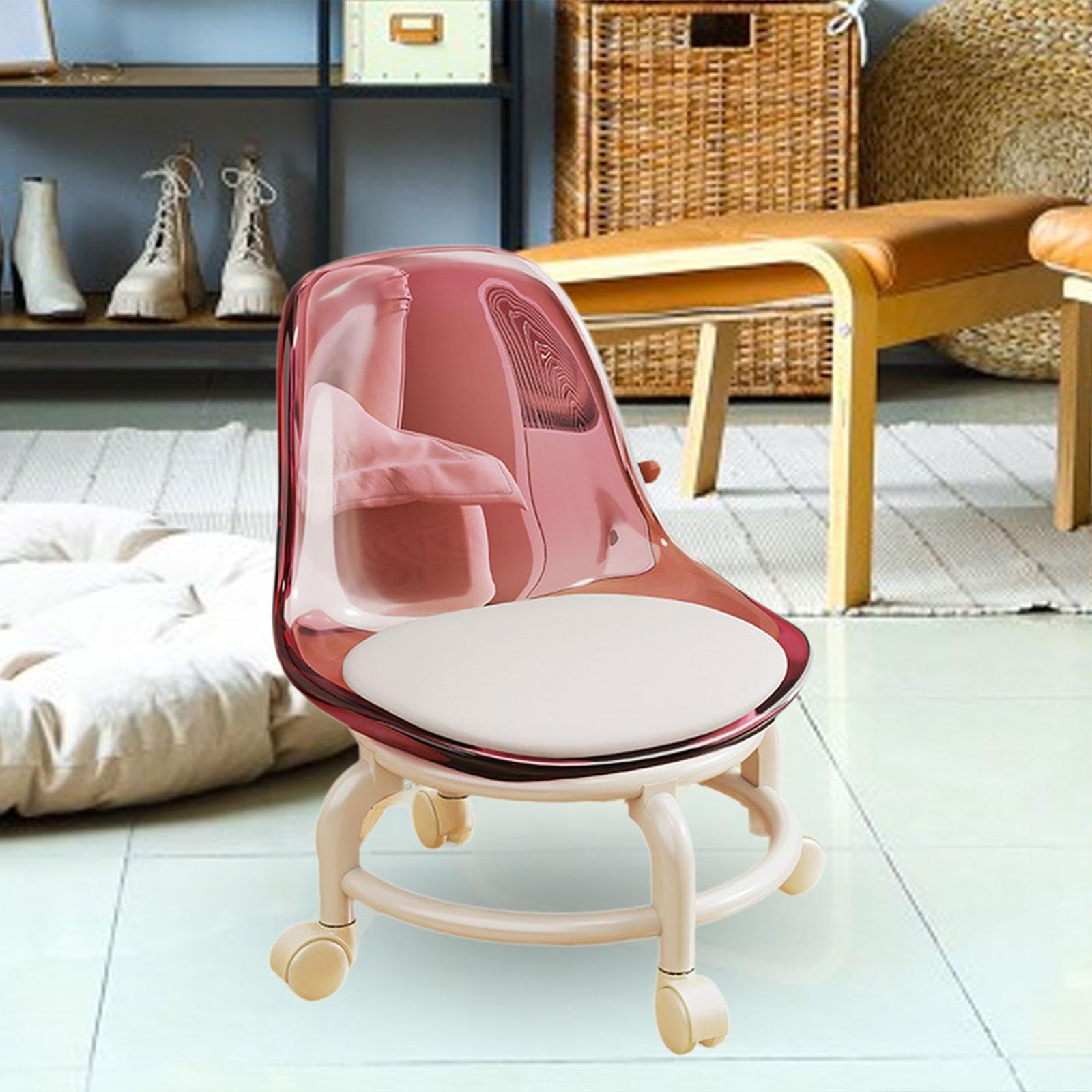Taburete con Ruedas y Asiento Giratorio, Taburete para pedicura, para Oficina, Garaje, Cocina, Limpieza de Suelos, peluquería, Rosa