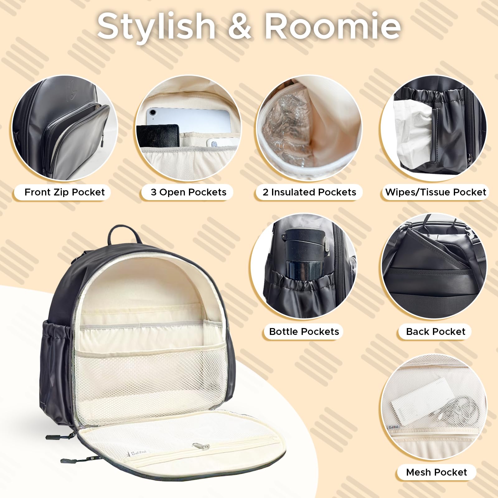 Mochila para pañales, pequeña bolsa de pañales con cambiador, mochilas de bebé para mamá, mini bolsas de maternidad de viaje con bolsillos aislados, correas para cochecito, ligera, de cuero, Negro -,