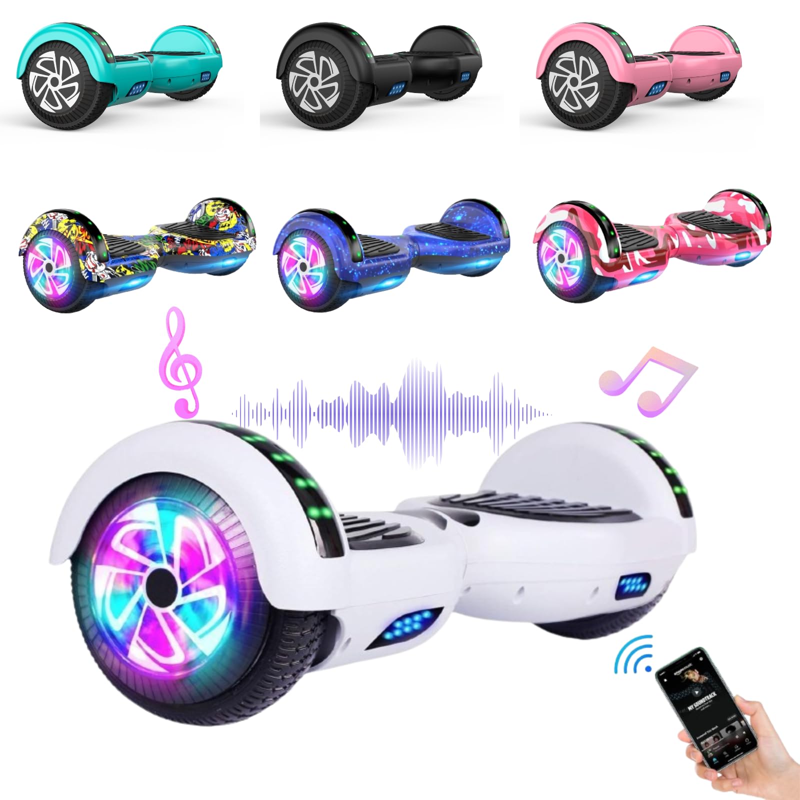 Hoverboard for Kids Aged 6-12 with Bluetooth, Large Battery, Strong Motor - Ideal for Outdoor Fun & Safe Rides (A02 White Bluetooth)