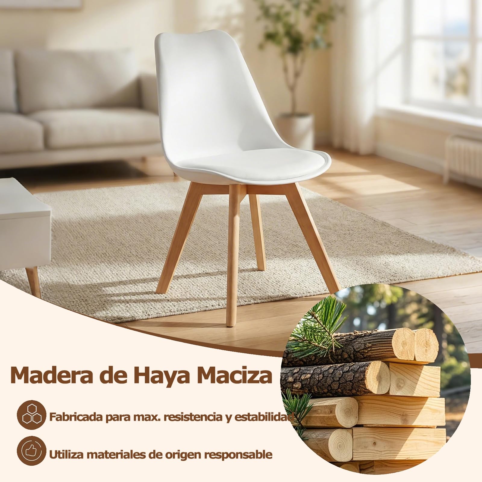 Sillas de Comedor, Pack 4 Sillas Comedor Nórdico, Sillas Cocina con Asiento Tapizado y Las Piernas de Madera de Haya Maciza, Blanco