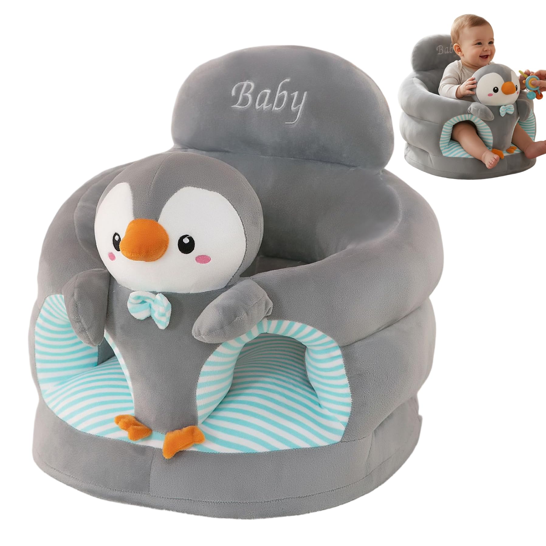 Sitzstuhl für Babys, Babysitz mit ergonomischer Rückenstütze, Pinguin-Sitzstuhl für Kleinkinder zum Lernen, weicher Bodensitz für Babys