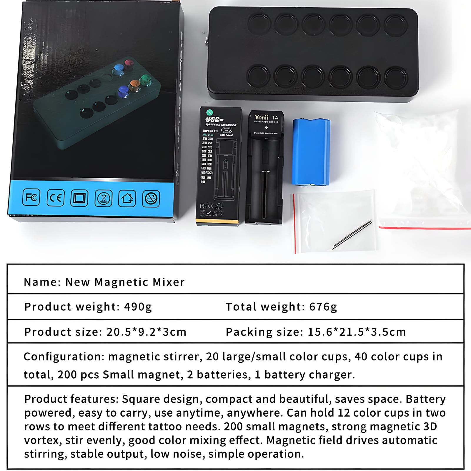Mezcladora de vórtice con agitador magnético, Kit de Mezclador de Pintura de Laboratorio inalámbrico con 40 Tazas y 200 imanes, Mezcla 3D silenciosa para Tinta de Tatuaje, Esmalte de uñas