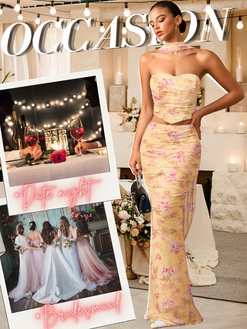 Mesh Floor-Length Skirt-Set, Corset Tube-Top with Scarf, Semi-Formal Wedding-Guest, Strapless Bodycon Ruched Long - Image 3