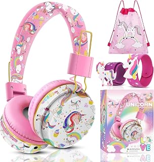 QearFun Unicorn Kids Bluetooth Headphones, 85dB Safe Volume Limit | For kids at school, tablet, travel, or airplane use, enjoy wireless mode, mic, Bluetooth 5.2, fast charging, foldable design