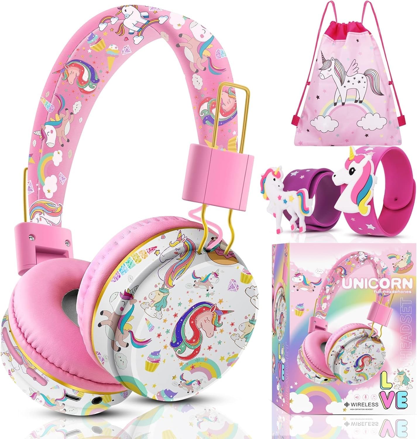 QearFun Cute Unicorn Bluetooth Headphones, 85dB Safe Volume Limit, Wireless & 3.5mm Wired Headset with Mic, Bluetooth 5.2, Fast Charging, Foldable,for