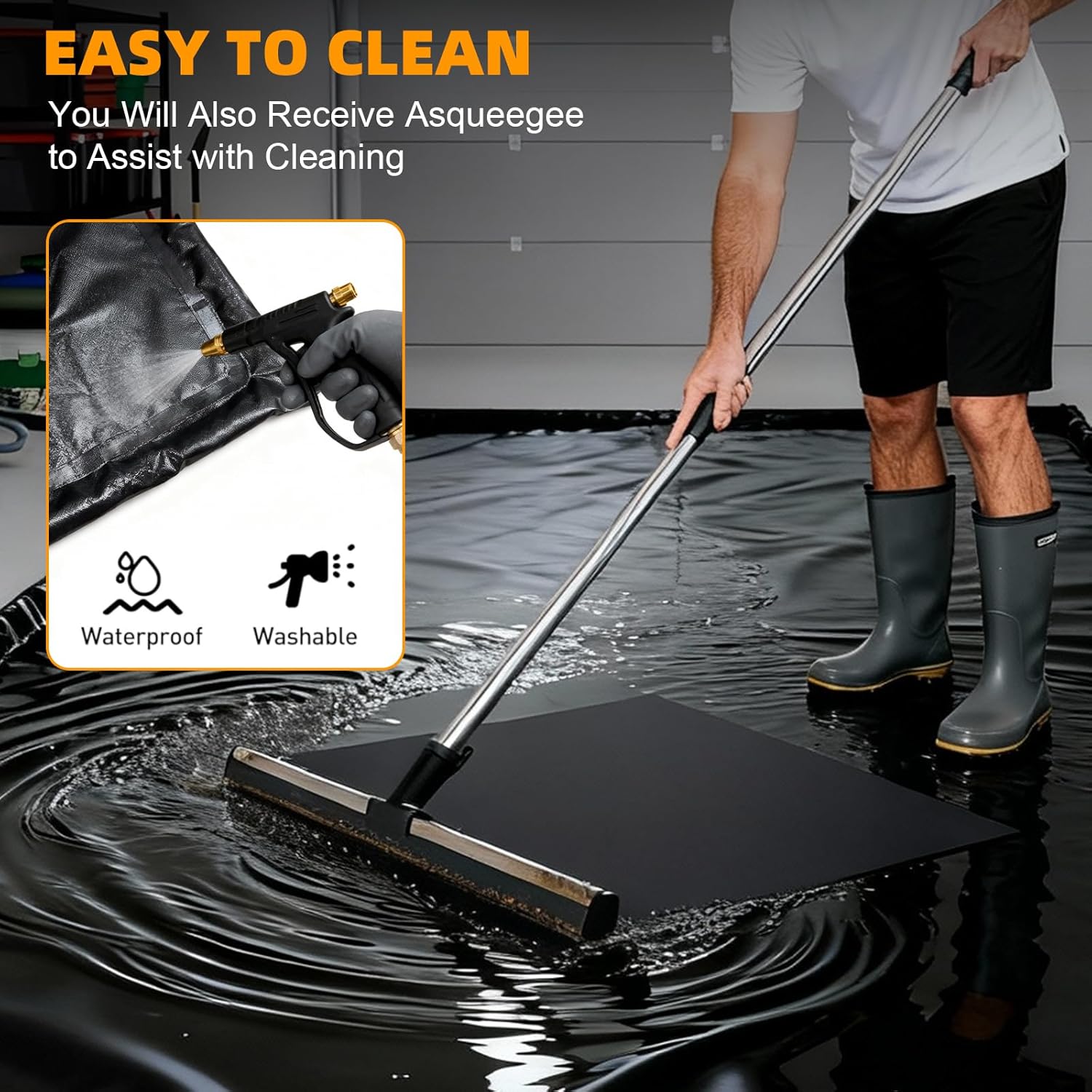 7'9"x18' Garage Floor Mat, Heavy Duty Containment Mat with a Squeegee Waterproof PVC Non-Slip Durable Protection from Snow, Rain and Mud, for Cars SUVs Trucks Parking Garages, Black
