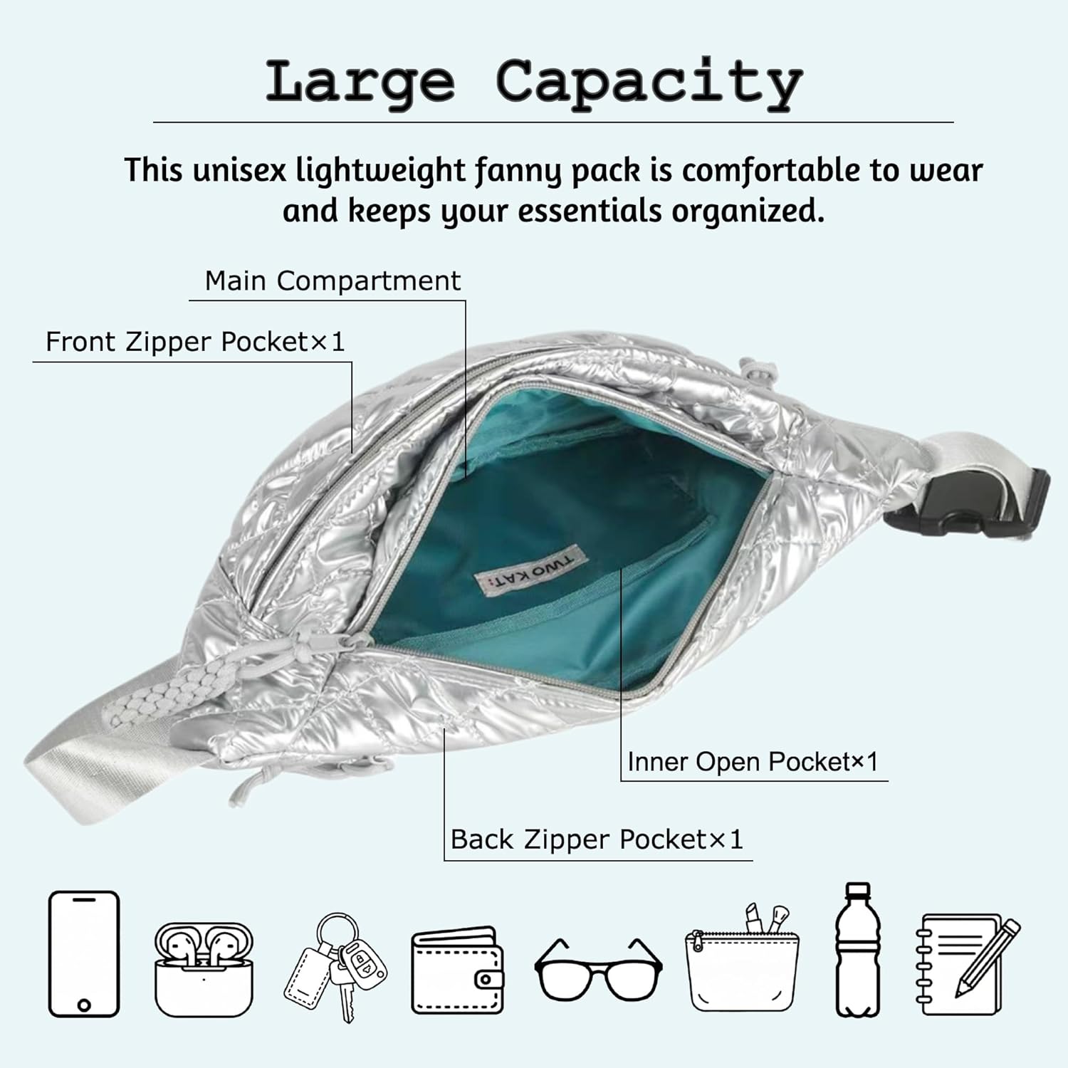 TWO KAT Metallic Quilted Chest Fanny Pack Crossbody Bag with Multi Pockets & Adjustable Strap, Fashionable Men Women Sling Backpack, Casual Waist Belt bag (Silver with Teal Lining, Medium)