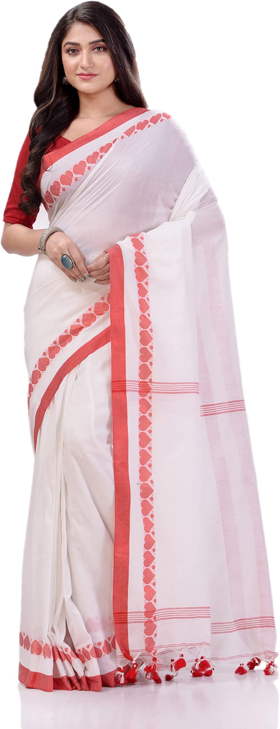 Women`s Traditional Bengali Tant Handloom Cotton Saree Prism Desigined With Blouse Piece, Deep Blue, 6.3 mTR