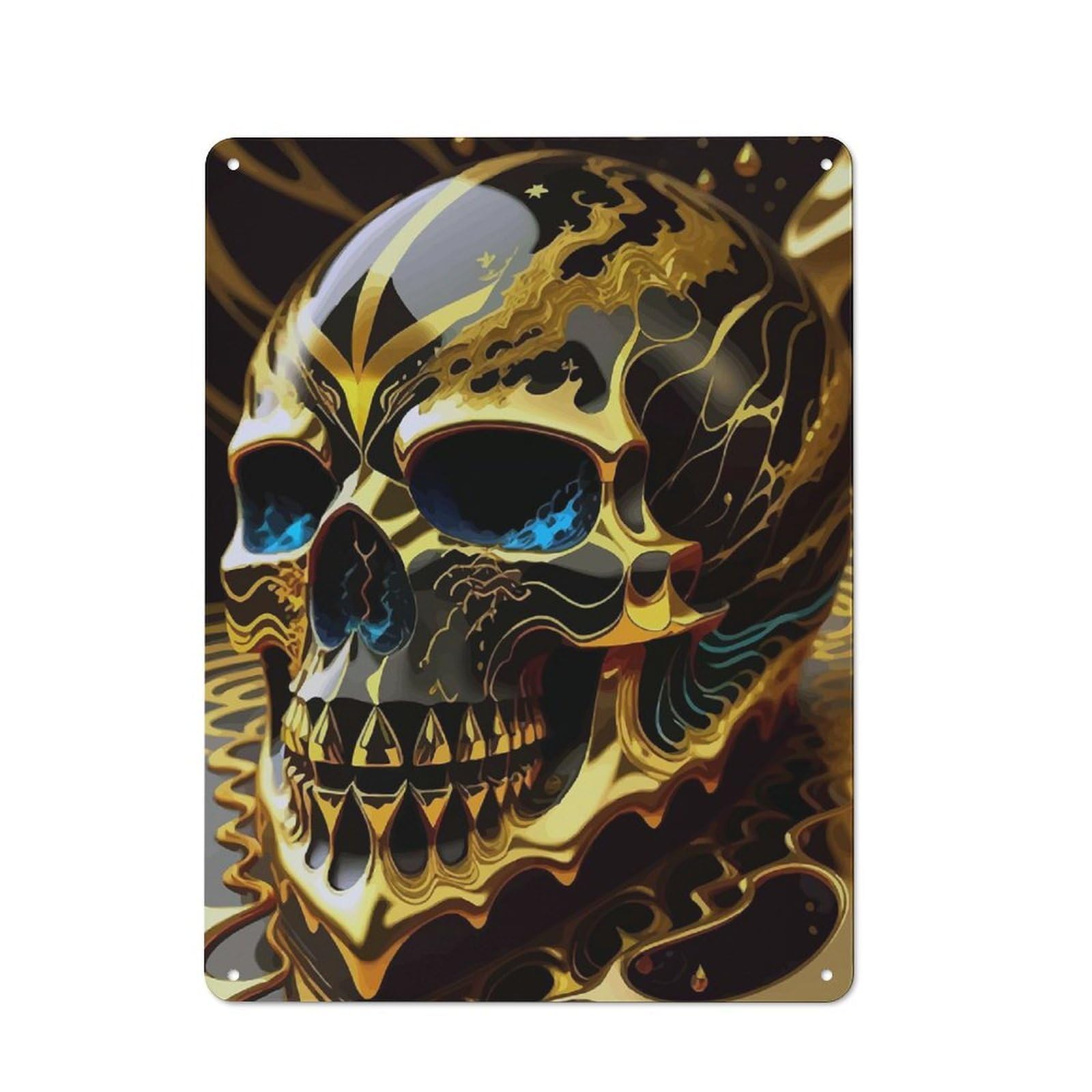 Tin Wall Plaque 40x30cm with Golden Skull for Pub Or Café, for Hospitality Wall Decor Collectors