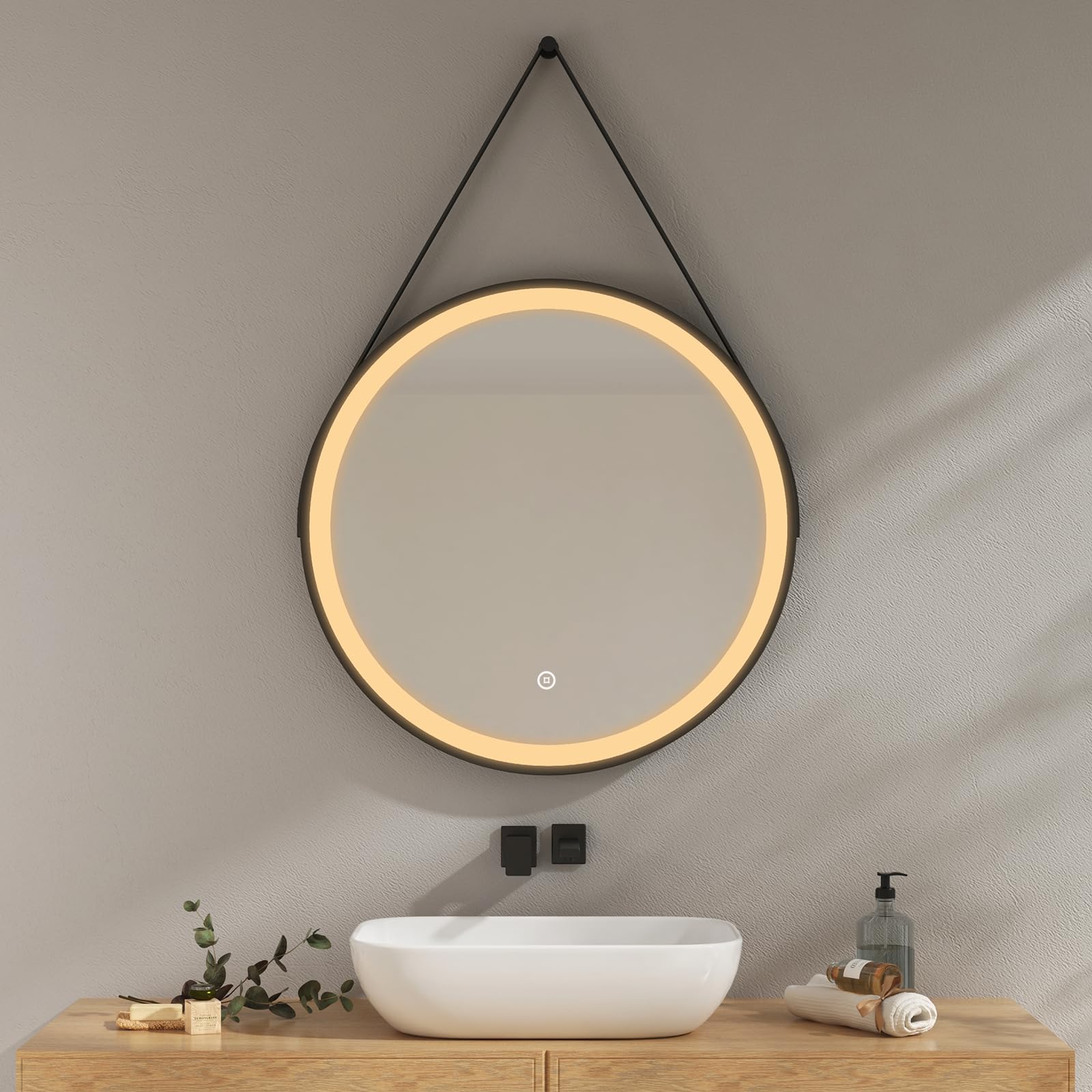 EMKE Espejo Baño con Luz 70 cm Diámetro, Espejo Baño LED Redondo con Interruptor tactil + Regulable + 3 Colores + Función de Memoria, Marco Negro + Bandolera Ajustable Espejo Pared Modelo C
