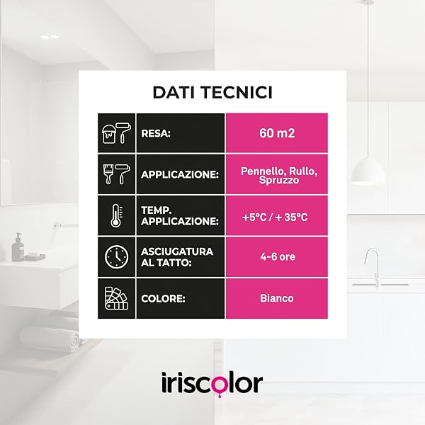 IRISCOLOR Pittura Bianca Per Interni Traspirante 4+2 LT Per Bagni e Cucina Ideale Per Ambienti Umidi Vernice Bianca Muro Interno ad Alta Resa Vernice Muro Acrilica Effetto Opaco - 5
