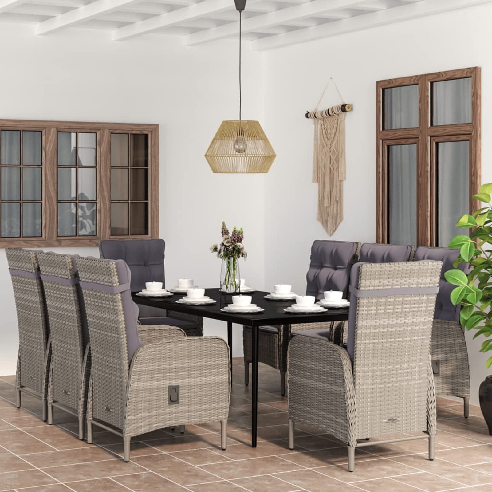 3099376 Set da Pranzo da Giardino 9 pz con Cuscini Nero e Grigio Testata in Legno,Testata Letto Matrimoniale Muebles Dormitorio Spalliera Letto Testiere per Letto Matrimoniale
