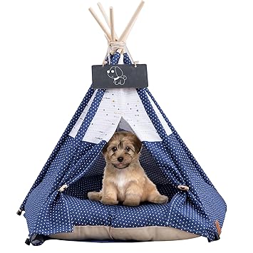 Pet Teepee with Cushion for Dogs and Cats Puppies House with Bed Pet Tent Bed Indoor Outdoor (Old World)