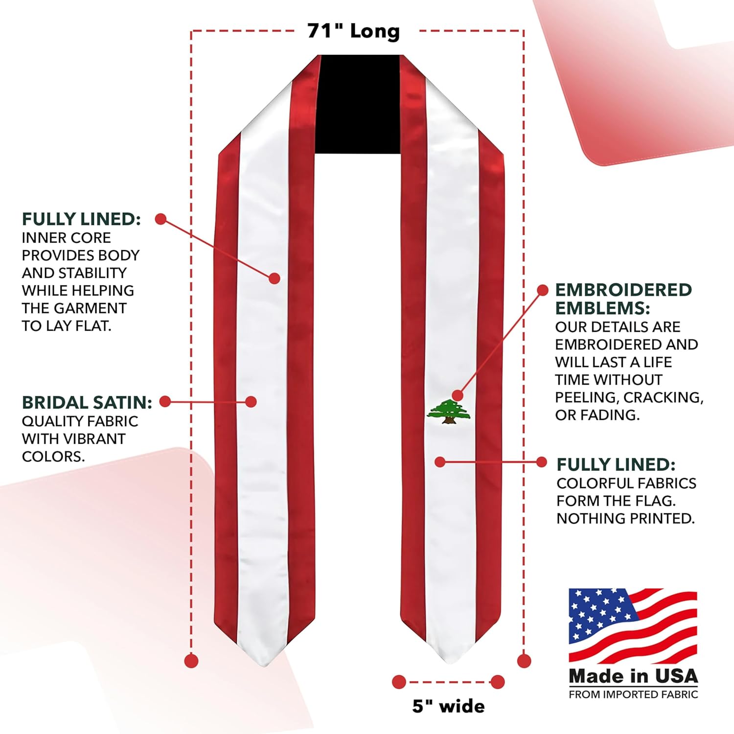 Vision Wear - Lebanon Flag Graduation Sash/Stole - Luxurious Cultural Symbol - Embrace Your Heritage - Pride & Honor Sash