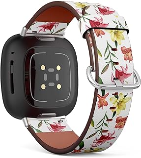 CJBROES Replacement Leather Watch Band, Compatible with Fitbit Versa 3 and Fitbit Sense of Wristband Bracelet Accessory - Watercolors Lily Flowers