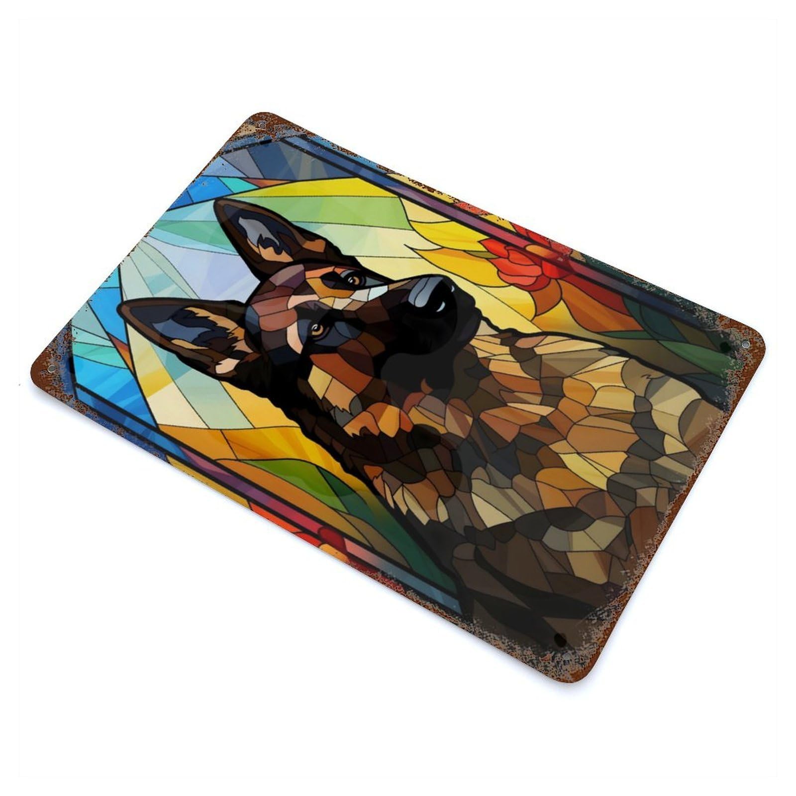 Distressed Metal Wall Sign with German Shepherd Stained Design 11.8"x7.9", for Living Room, Hallway And Home Decor, Vintage Wall Decor
