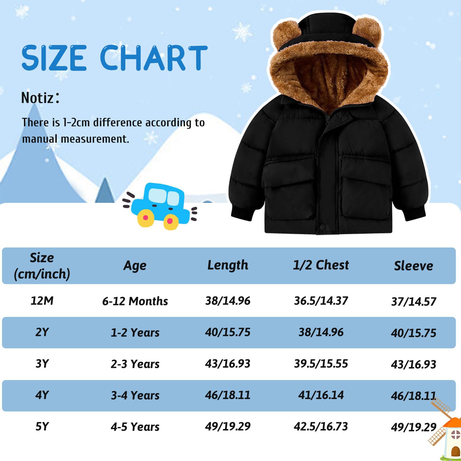 SFreeBo Veste d'hiver pour bébé, veste polaire pour filles et garçons, veste à capuche avec oreilles d'ours et poches, vêtements d'hiver doublés en peluche, 6 mois à 5 ans