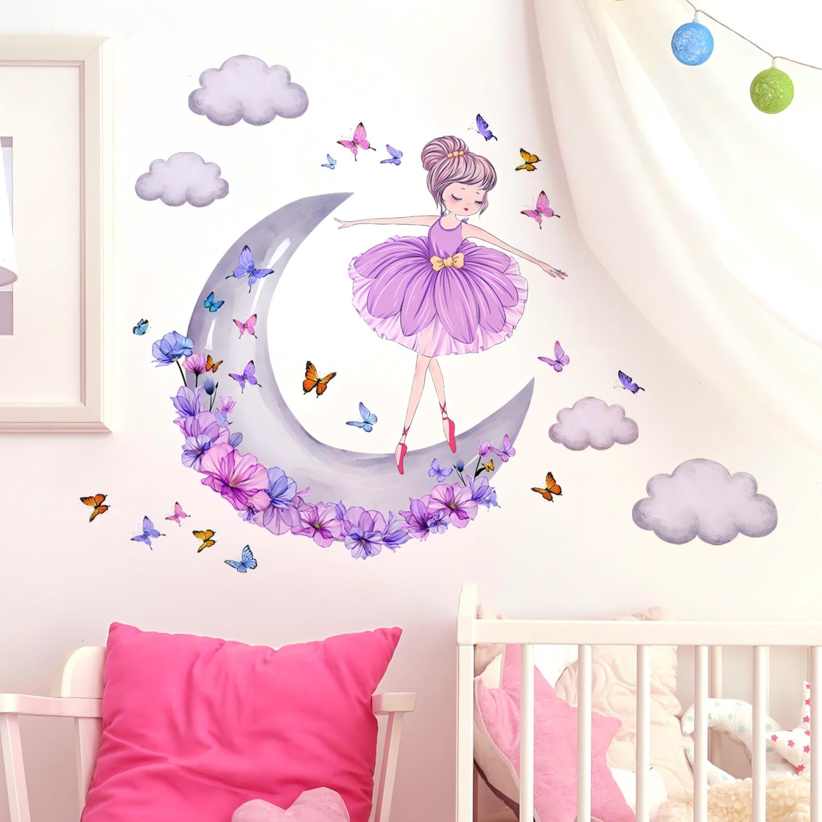 Butterfly Girl Wall Stickers, Moon Clouds Flower Princess Wall Decal,Pink Floral Wall Mural Colorful Butterflies Wall Decor, DIY Removable Vinyl Wall Art for Girls Baby Nursery Bedroom Playroom — image 1