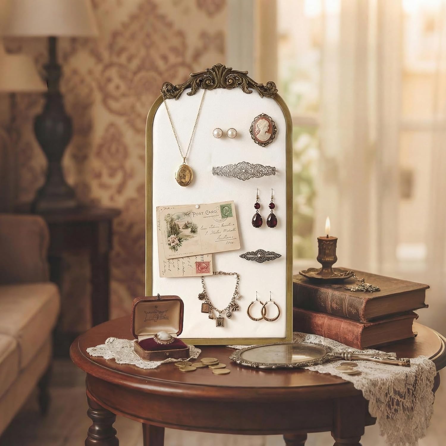Wonderjune 24.8 x 13 Inch Gold Vintage Jewelry Display Stand Large Resin Photo Frame Earring Holder Organizer Velvet Necklace Display Pin Board with 80 Pins for Vendors Jewelry Collectibles(Arched)