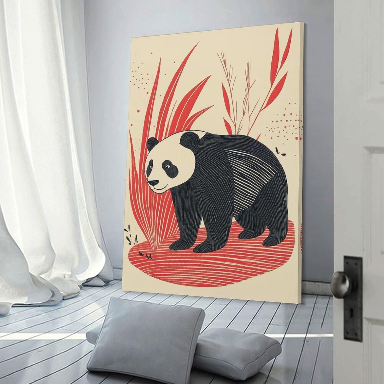 Junmoney Canvas Wall Art Panda in Red Grass, 20x30inch(50x75cm), for Corridors, Hallways Or Apartment Entries, Decorative Canvas Styling for Entry Areas