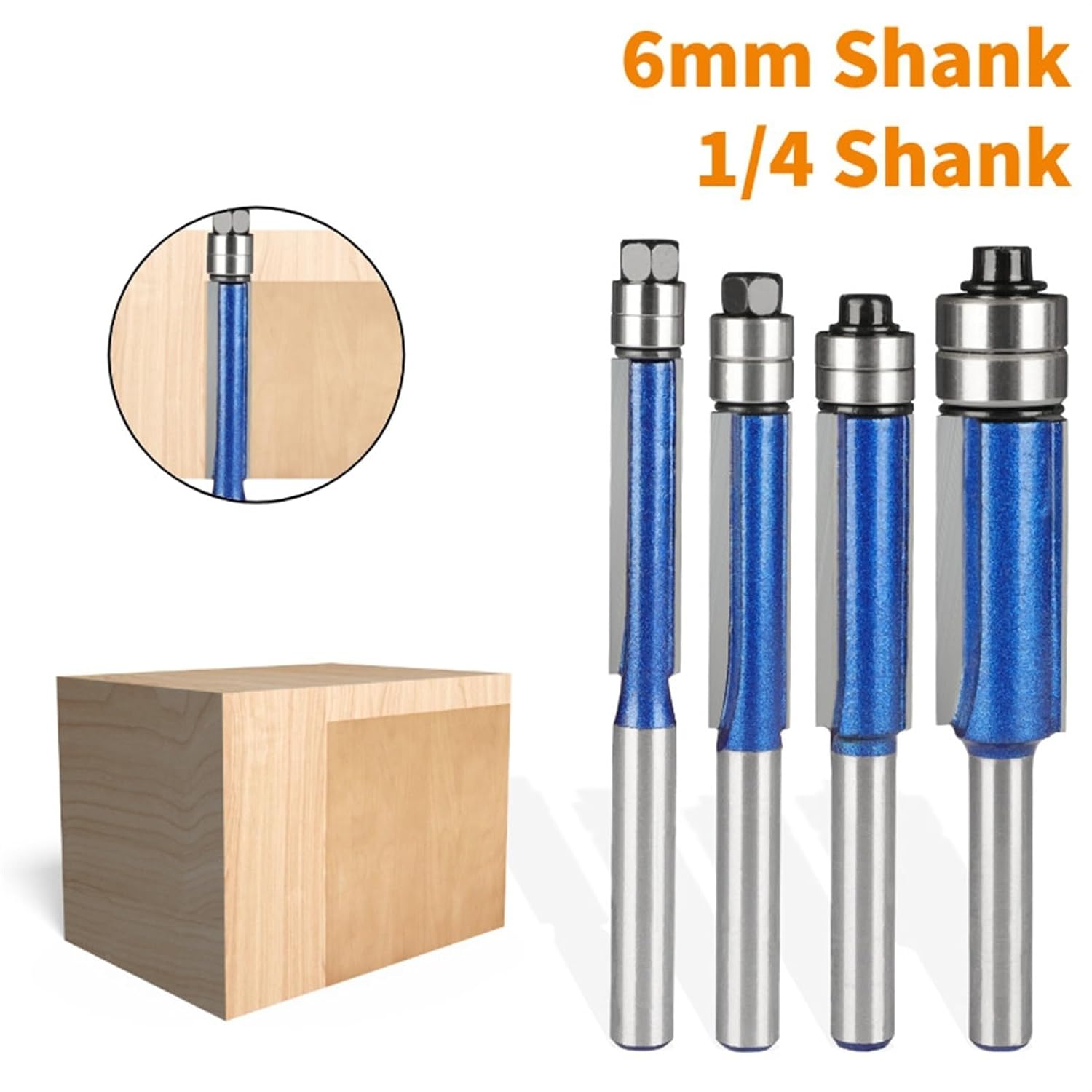 4PC 6MM 6.35MM Shank Double Bearing Flush Trim Bit Router Woodworking Milling Cutter for Wood Face Mill(4pcs 6.35 Shank)