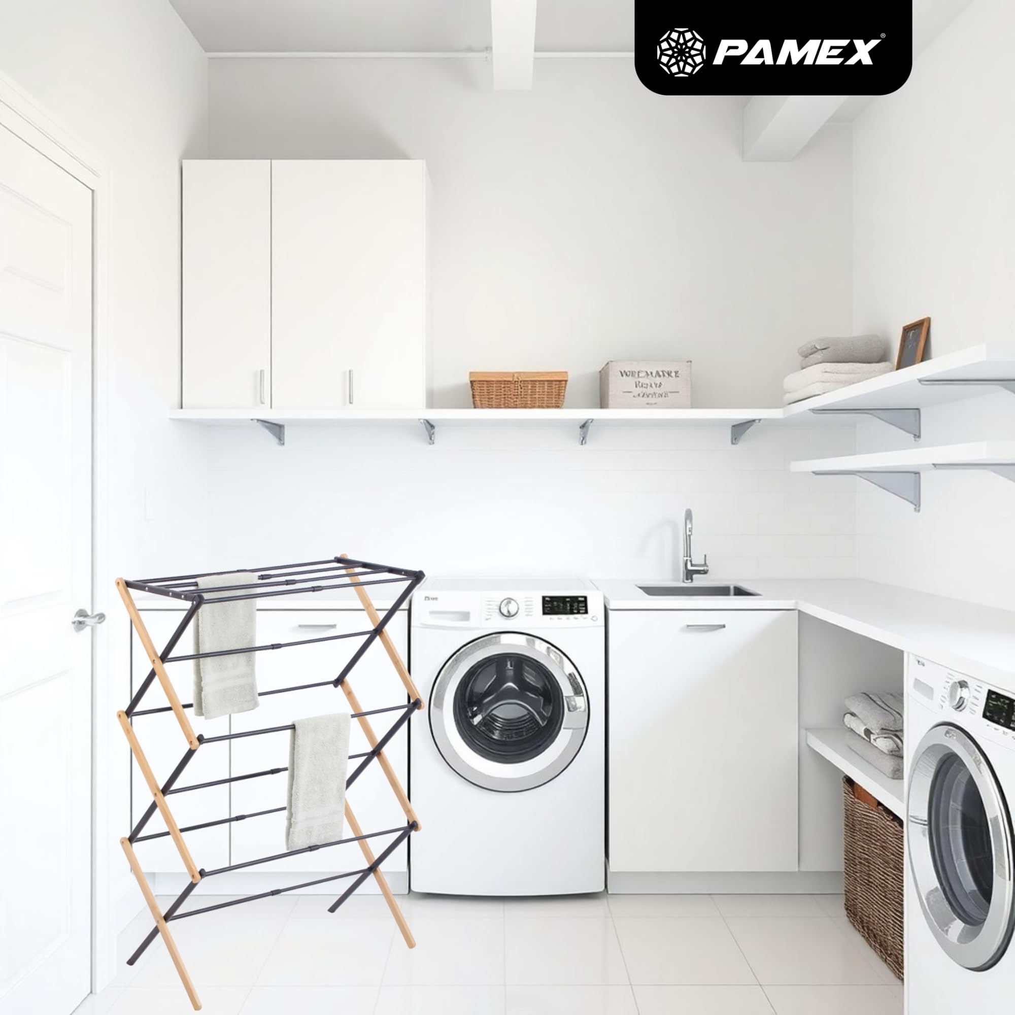 PAMEX Tendedero Plegable Extensible de Madera bambú Totalmente montado con Gran Superficie de Secado tendedero de Madera Resistente, Plegable de Tipo Torre Que Ahorra Espacio