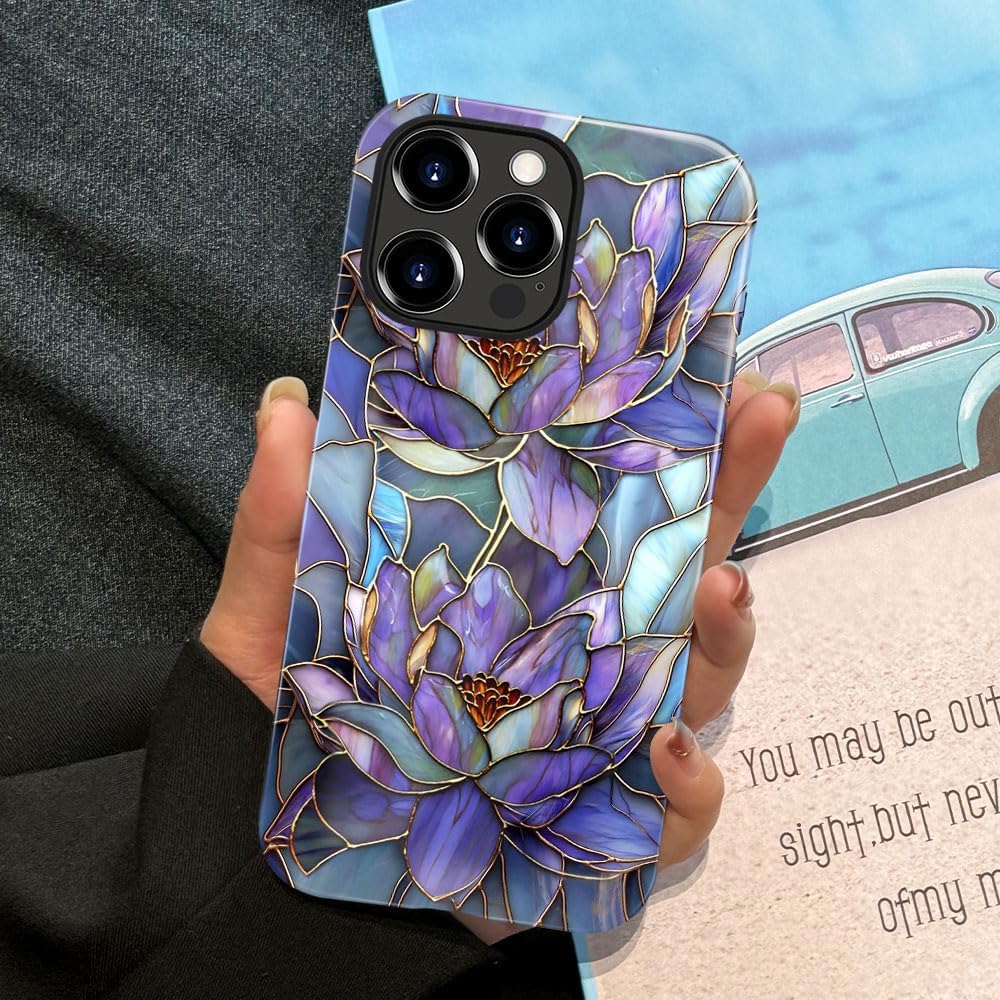 Case for iPhone 12 Pro Max,Glossy Case Cover for Women Girls,Drop Scratch Protective-Abstract Purple Lotus - Image 5