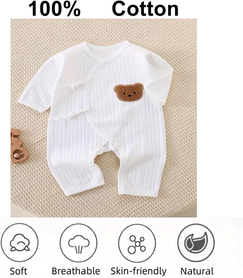Newborn Baby Cotton Onesie, Cute Bear Patched Casual Long Sleeve Bodysuit, Toddler & Infant Boy's Girl's Comfortable Clothing - Image 2