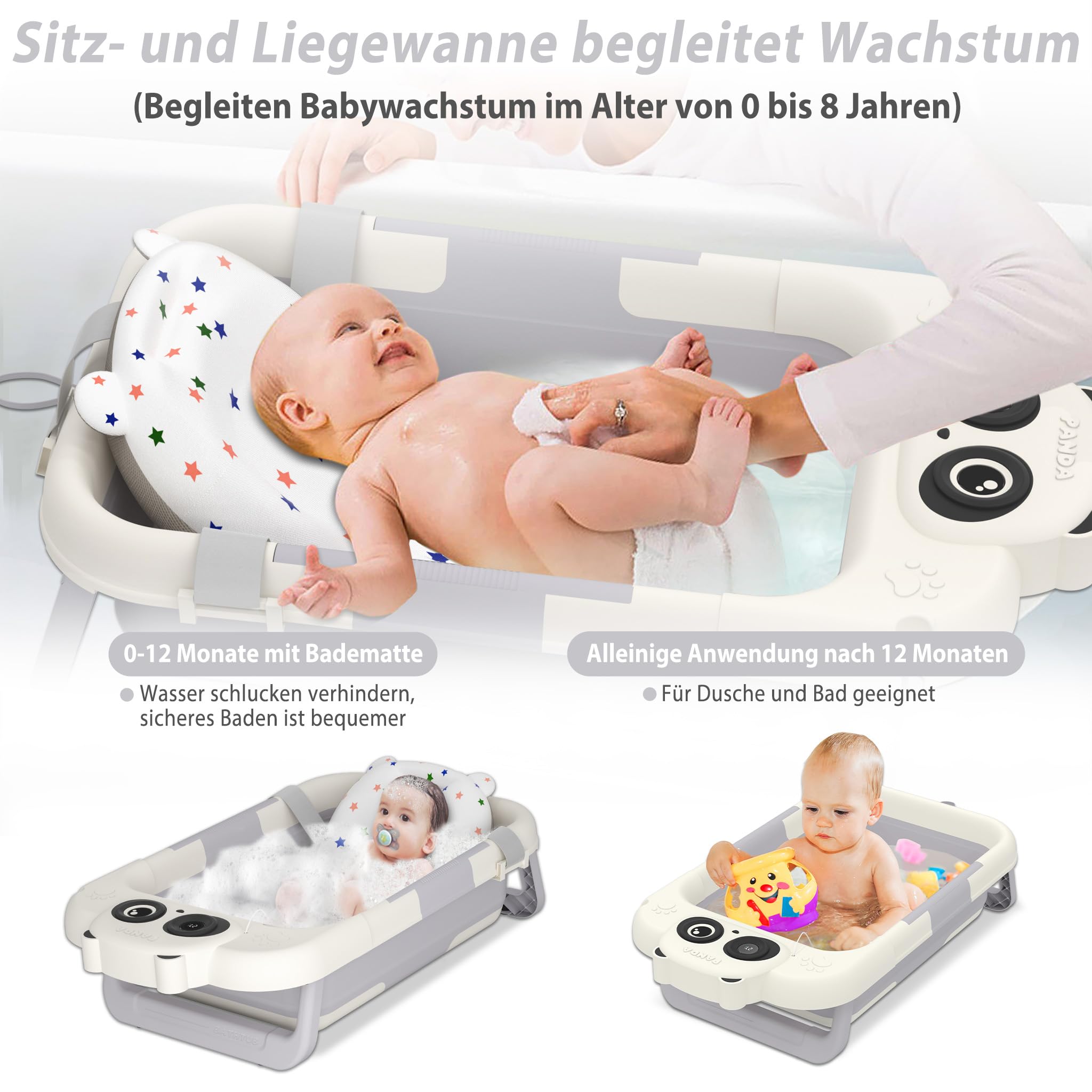 FIVMEN Baby Badewanne Faltbare Babywanne Babybadewanne mit Gestell, Thermometer und Badekissen Rutschfeste Tragbare für Neugeborene Kleinkinder, Panda