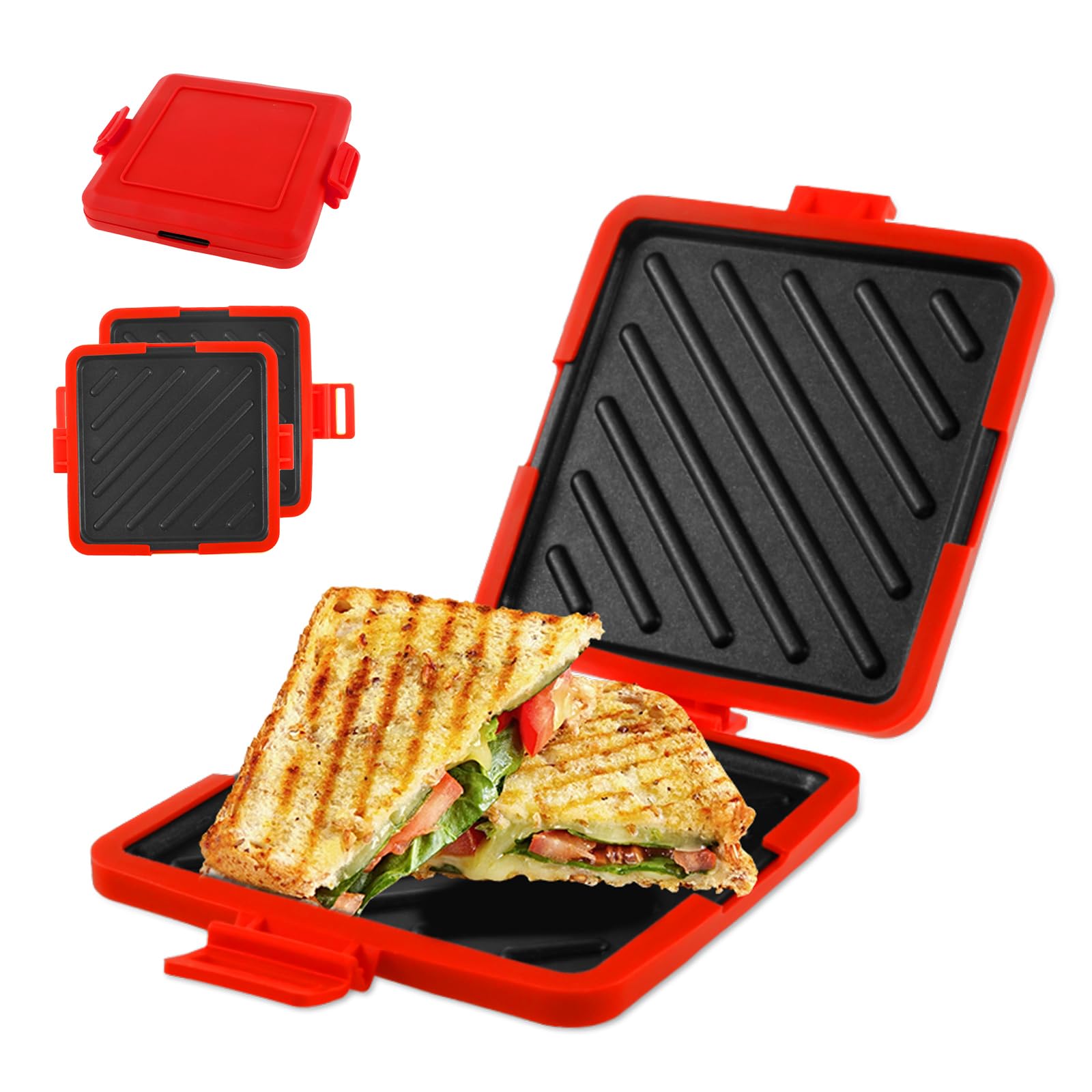 CBWERBB Microwave Toastie Maker,Microwave Toastie Sandwich Maker, Silicone Microwaveable Cookware, Heatwave Technology Non-Stick Plates Wireless for Cooking Delicious Crispy Sandwiches (Red)