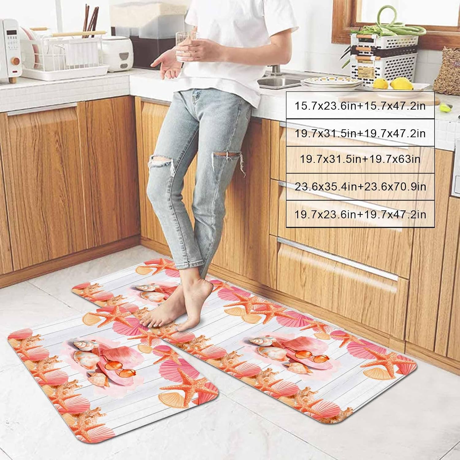 Prime Leader Summer Ocean Kitchen Mat Set 2 Pieces Pink Orange Beach Hat Starfish Shells Wood Grain Non Slip Kitchen Rugs Washable Runner Rug Mats for Sink Laundry (15.7" x 23.6"+15.7" x 47.2")