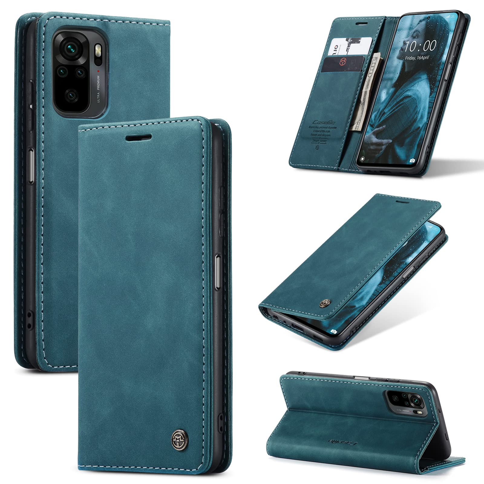 RankOne Cover per Redmi Note 10S / Redmi Note 10 (4G) / POCO M5s (6.43 Inches), Custodia Flip Pelle Portafoglio, Magnetica Libro Bumper Cover Case - Marrone