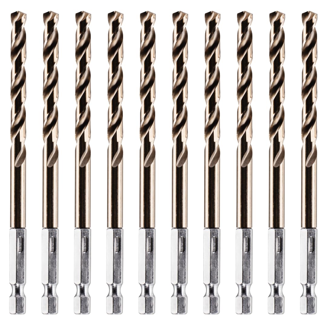 Rennie Tools - Box Of 10 x 6.4mm Hex Shank HSS Gold Cobalt Jobber Drill Bit For Stainless Steel, Hard Metals, Aluminium, Cast Iron, Copper. Twist Drill Bit Sets. 6.4mm Drill Bits Metric Drill