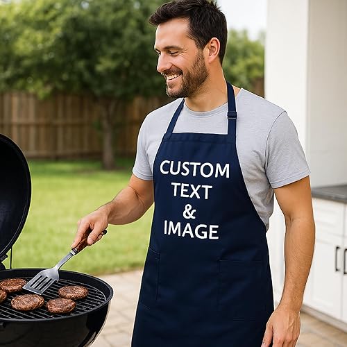 Miniatura 5 de LeWall Delantal personalizado  Logotipo de nombre personalizado para cocinar hornear y manualidades  Cuello ajustable, bolsillos delanteros, algodón